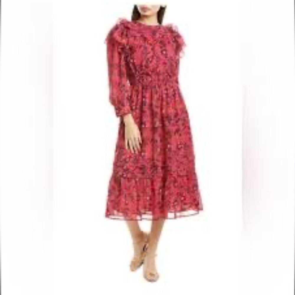 Walter Baker Womens Carm Dress Sz S Dragonfruit Floral Tiered Ruffle Cottagecore